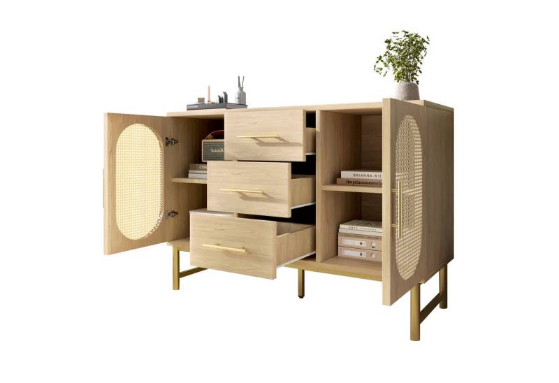 BlingBin Kommode Sideboard (1 St., Rattan komodenschrank mit 3-Schubladen und 2-Rattan-Türer), Verstellbare Regale, Kippschutz, 120 x 40 x 74 cm von BlingBin