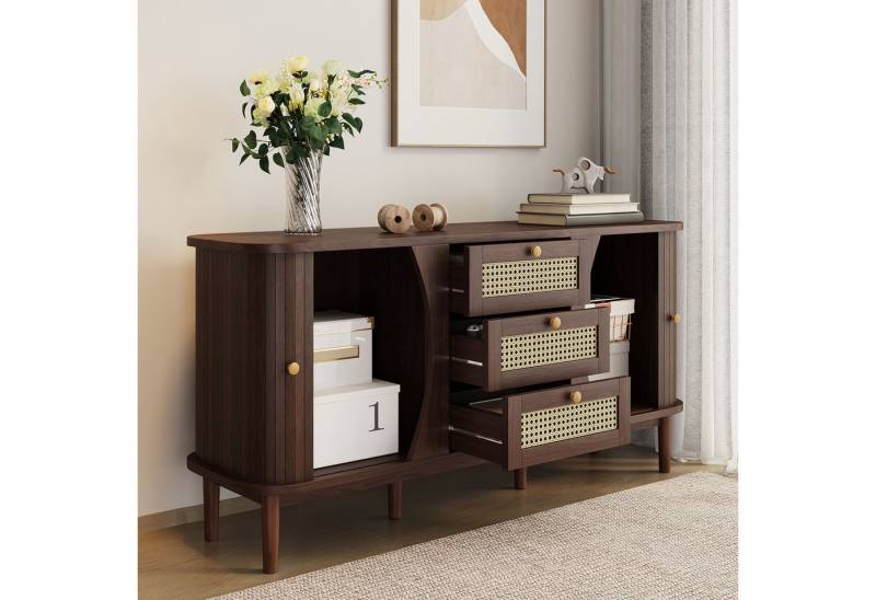 BlingBin Kommode Sideboard (1 St., mit Rattanschubladen und holzfarbenen Türen), 140,5x76x40 cm von BlingBin