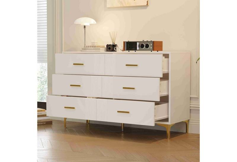 BlingBin Kommode Sideboard Schubladenkommode (1 St., Mit 6 Schubladen, Goldene Griffe und goldene Füße), Vertikales Streifendesign, H76/B120/T40 cm, Weiß, MDF von BlingBin
