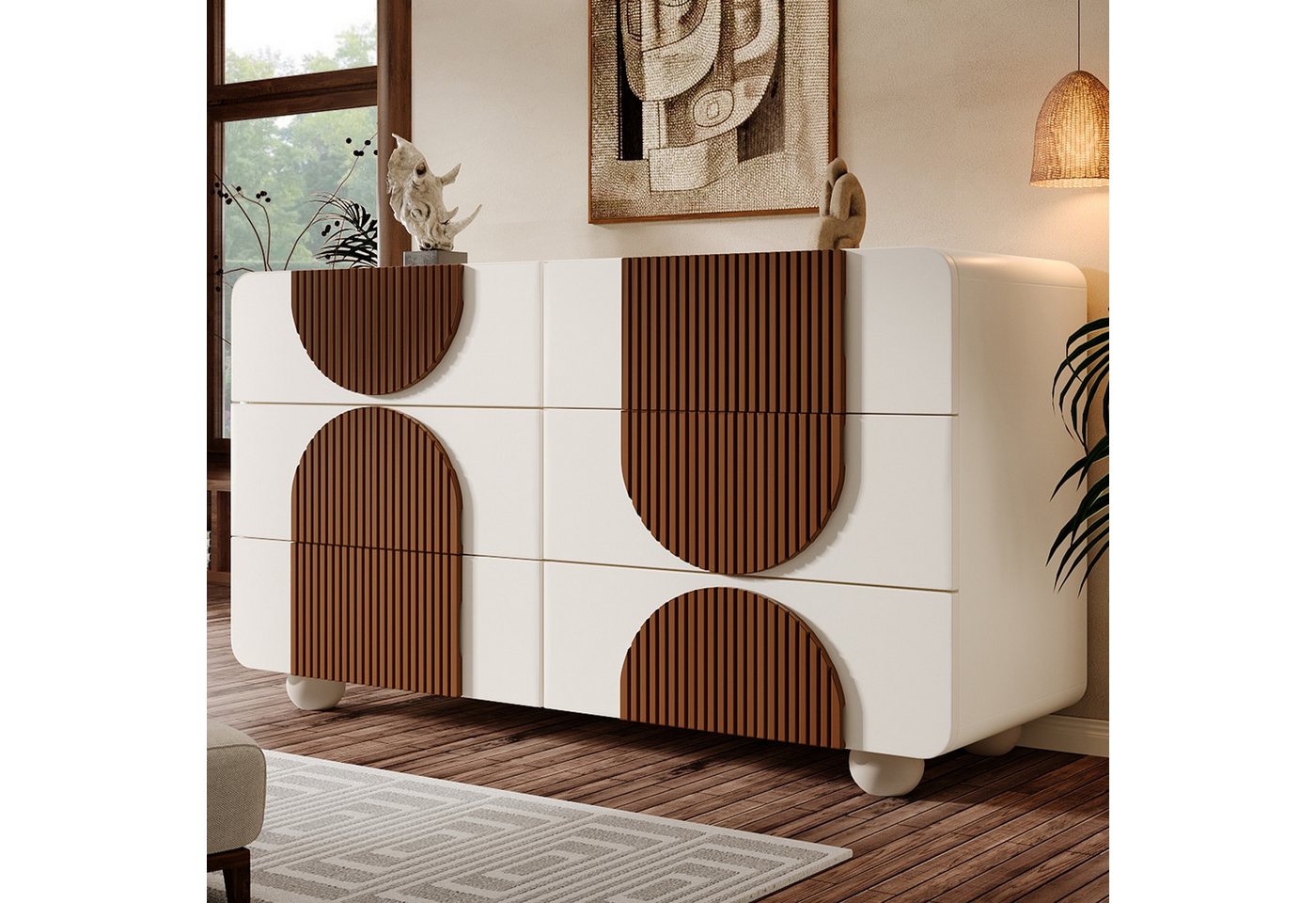 BlingBin Kommode Sideboard Wohnzimmerschrank Anrichte (1 St., mit 6 Leise Schiebe-Schubladen,Kippsicherung,121x71x41 cm), geschwungenem Design,Weiß mit schokoladenfarbenen Holzleisten von BlingBin