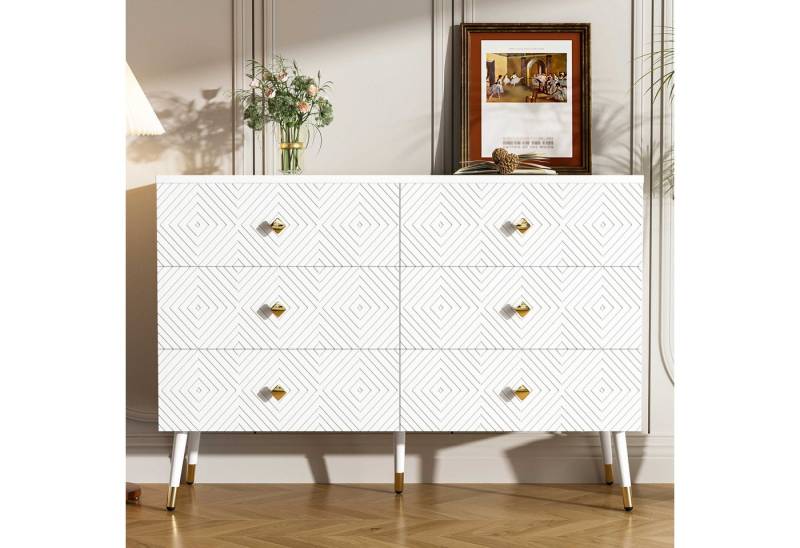 BlingBin Kommode Sideboard Wohnzimmerschrank Anrichte Esszimmerschrank (1 St., mit 6 Schubladen,Metallfüße), Weiß,120x40x80cm,Perfekt für Schlafzimmer & Wohnzimmer von BlingBin