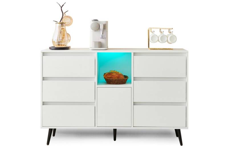 BlingBin Kommode Sideboard mit LED-Beleuchtung, für Küchen, Ess und Wohnbereiche (1er Set, 1 St., mit 6 Schubladen und 1 Türen, 120x40x80 cm), Push-Open-Türen, Hochglanz Lackierung, matt schwarzen Metallbeinen von BlingBin