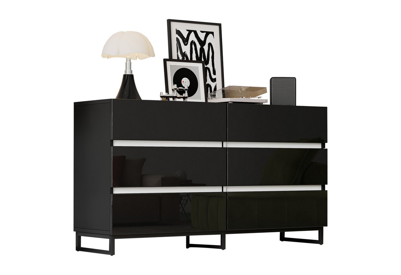BlingBin Kommode Wohnzimmer Sideboard Esszimmerschrank (Beistellschrank, 1 St., 140 x 39.5 x 78.5 cm Schubladenkommode), Wohnzimmerschrank mit 6 Schubladen,Schrank mit 3 Metallbeinen,Schwarz von BlingBin
