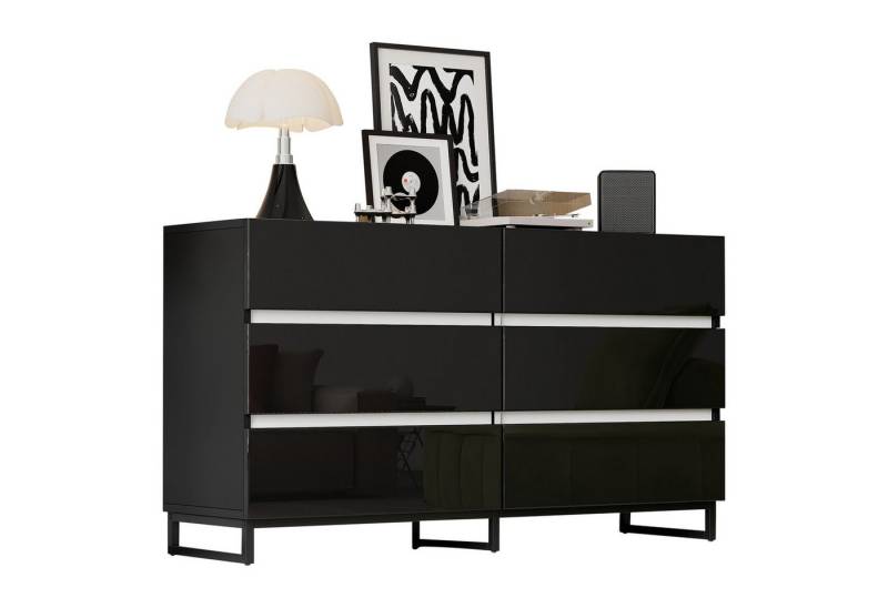 BlingBin Kommode Wohnzimmer Sideboard Esszimmerschrank (Beistellschrank, 1 St., 140 x 39.5 x 78.5 cm Schubladenkommode), Wohnzimmerschrank mit 6 Schubladen,Schrank mit 3 Metallbeinen,Schwarz von BlingBin