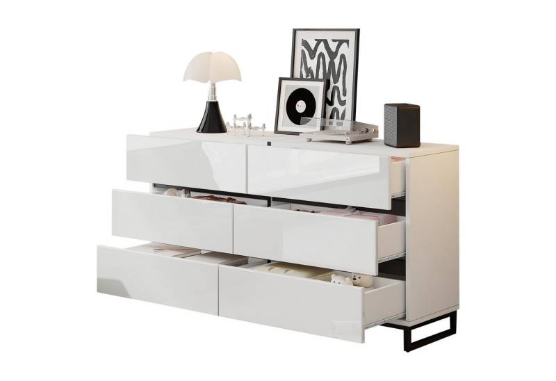 BlingBin Kommode Wohnzimmer Sideboard Esszimmerschrank (Beistellschrank, 1 St., 140 x 39.5 x 78.5 cm Schubladenkommode), Wohnzimmerschrank mit 6 Schubladen,Schrank mit 3 Metallbeinen,Weiß von BlingBin