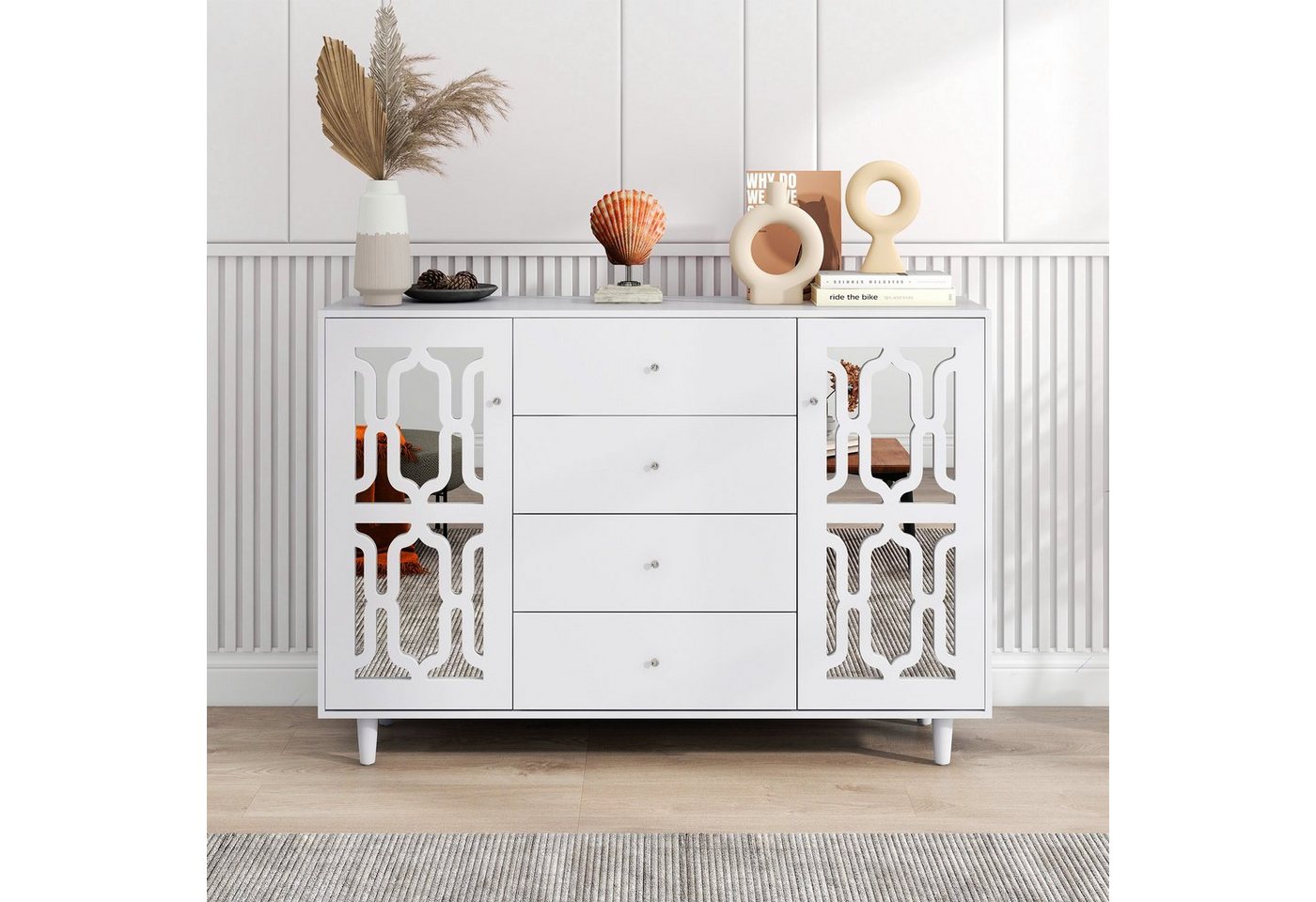 BlingBin Kommode verspiegelte Anrichte Sideboard Kommode (mit kühlen Kristallgriffen Zwei Türen, vier Schubladen), 147 L x 40 B x 102 H(cm) von BlingBin