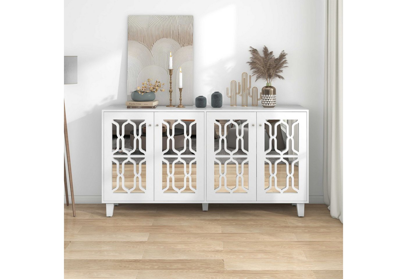 BlingBin Kommode verspiegelte Anrichte Sideboard Kommode (mit kühlen Kristallgriffen Zwei Türen für Wohn- und Esszimmer), Vier Türen, beweglichem Laminat, 160 x 40 x 84cm von BlingBin