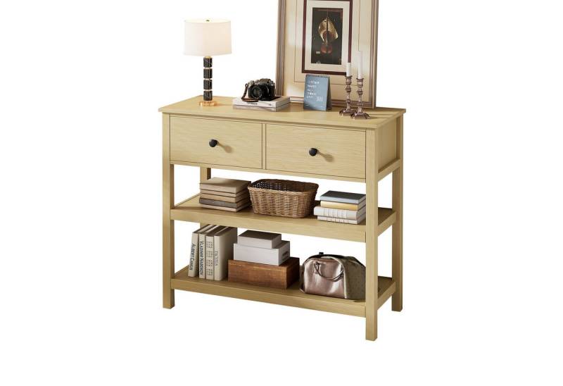 BlingBin Konsolentisch Retro-Konsolentisch, Beistellschrank Komodenschrank Anrichte (Aufbewahrungsschrank Mit 2 Schubladen Und 2 Offene Regale, MDF und Spanplatte, 1-St., Größe: 85*35*77cm, Tragfähig: Tischplatte/Regal-10kg, Schubladen-5kg), Konsolentisch Holz Schmal für Flur, Eingang, Wohnzimmer, Natur von BlingBin