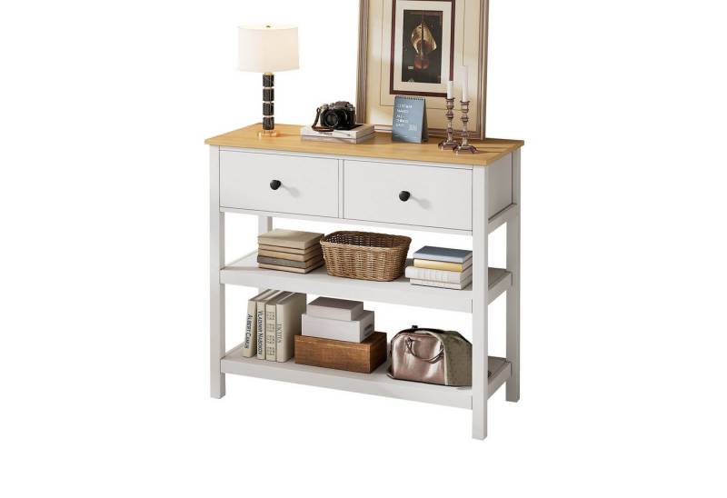 BlingBin Konsolentisch Retro-Konsolentisch, Beistellschrank Komodenschrank Anrichte (Aufbewahrungsschrank Mit 2 Schubladen Und 2 Offene Regale, MDF und Spanplatte, 1-St., Größe: 85*35*77cm, Tragfähig: Tischplatte/Regal-10kg, Schubladen-5kg), Konsolentisch Holz Schmal für Flur, Eingang, Wohnzimmer, Weiß+Natur von BlingBin