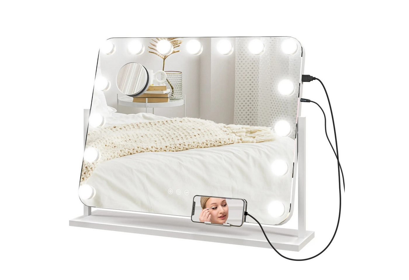 BlingBin Kosmetikspiegel Hollywood Spiegel mit Beleuchtung 360°Drehbar Schminkspiegel (1er Set, 1-St., 62,5cm x 14cm x 52cm), 15 LED Licht 3 Lichtfarben USB-Ladeanschluss Handyhalterung von BlingBin