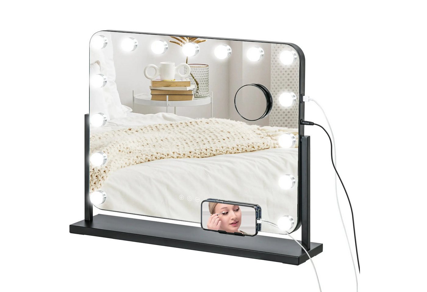 BlingBin Kosmetikspiegel Hollywood Spiegel mit Beleuchtung 360°Drehbar Schminkspiegel (1er Set, 1-St., 62,5cm x 14cm x 52cm), 15 LED Licht 3 Lichtfarben USB-Ladeanschluss Handyhalterung von BlingBin