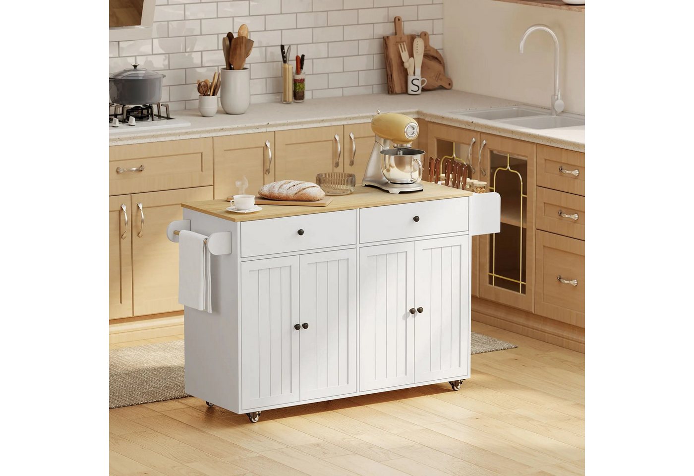 BlingBin Kücheninsel Küchenwagen auf Rollen mit 2 Schubladen, 2 Schränke, Rollbar, (1er Set), Servierwagen mit Gewürzregal, Handtuchhalter, Messerhalter von BlingBin