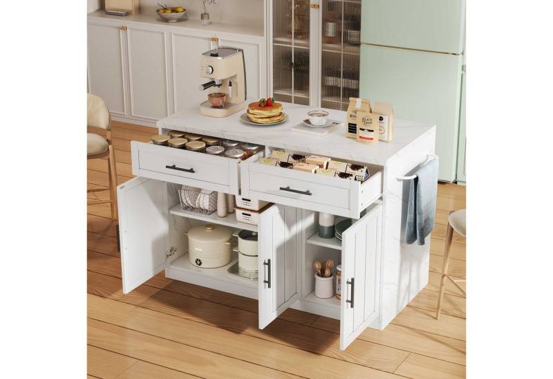 BlingBin Kücheninsel Moderne Küchenwagen mit Barthekenfunktion, (120×60×91 cm mit 2 Schubladen, 3 Türen, Steckdosen & USB, Arbeitsplatte), MDF-Korpus, Metallgriffen & Handtuchhalter in weißer Marmoroptik von BlingBin