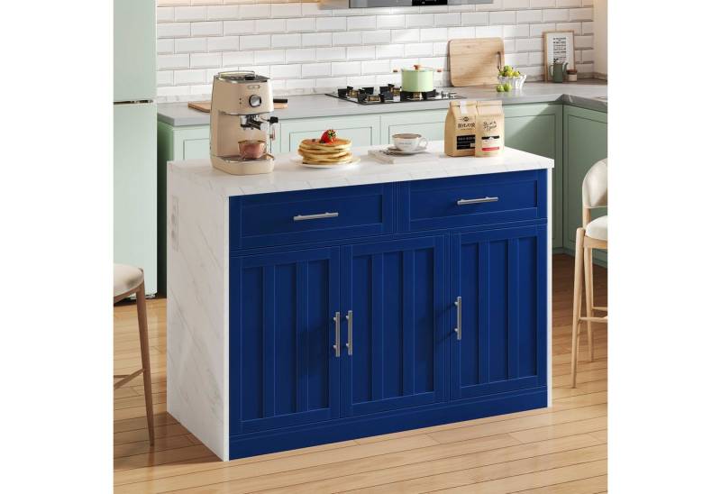 BlingBin Kücheninsel Moderne Küchenwagen mit Barthekenfunktion, (120×60×91 cm mit 2 Schubladen, 3 Türen, Steckdosen & USB, Arbeitsplatte), MDF-Korpus, Metallgriffen & Handtuchhalter in weißer Marmoroptik von BlingBin