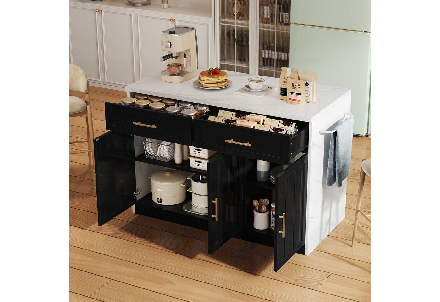 BlingBin Kücheninsel Moderne Küchenwagen mit Barthekenfunktion, (120×60×91 cm mit 2 Schubladen, 3 Türen, Steckdosen & USB, Arbeitsplatte), MDF-Korpus, Metallgriffen & Handtuchhalter in weißer Marmoroptik von BlingBin