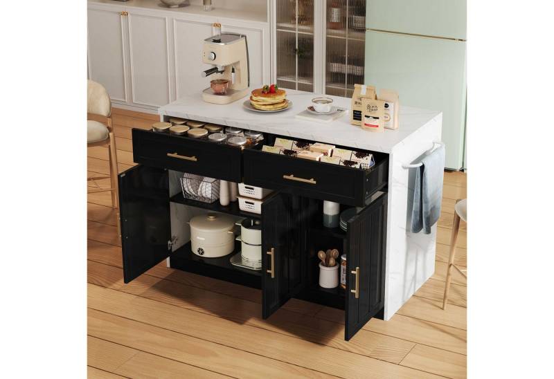 BlingBin Kücheninsel Moderne Küchenwagen mit Barthekenfunktion, (120×60×91 cm mit 2 Schubladen, 3 Türen, Steckdosen & USB, Arbeitsplatte), MDF-Korpus, Metallgriffen & Handtuchhalter in weißer Marmoroptik von BlingBin