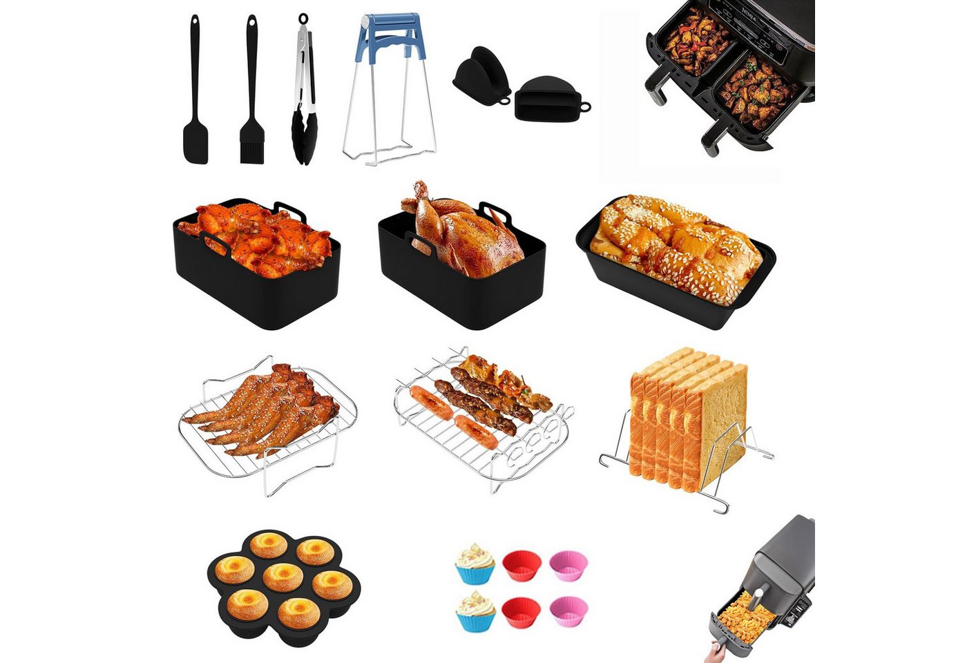 BlingBin Küchenmaschinen Zubehör-Set 19pcs Zubehör Heißluftfritteuse für Ninja Foodi AF300EU AF400EU, Zubehör für 7,6L-9,5L Dual-Airfryer und passt auch für größere Airfryer wie den Ninja 7,6L (AF300EU), 9,5L (AF400EU), Princess 8L (182074), Innsky 8L, Emerio 9L (126672), Daewoo DK2FRYER und alle 7,6L-9,5L Zweikammer-Luftfritteusen., Dual Zone Airfryer Accessories für Innsky,Princess,Emerio 7,6L-9,5L von BlingBin
