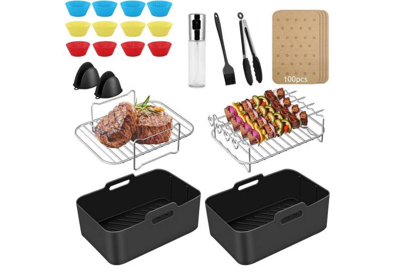 BlingBin Küchenmaschinen Zubehör-Set 22-Stück-Set Heißluftfritteuse Zubehör Airfryer Zubehör 7,6L-9,5L, Zubehör für für Ninja Foodi AF300EU AF400EU 7.6L-9.5L und meisten Dual Zone Air Fryer, Mit Backformen, Rost & Zange - alles in einem Set von BlingBin