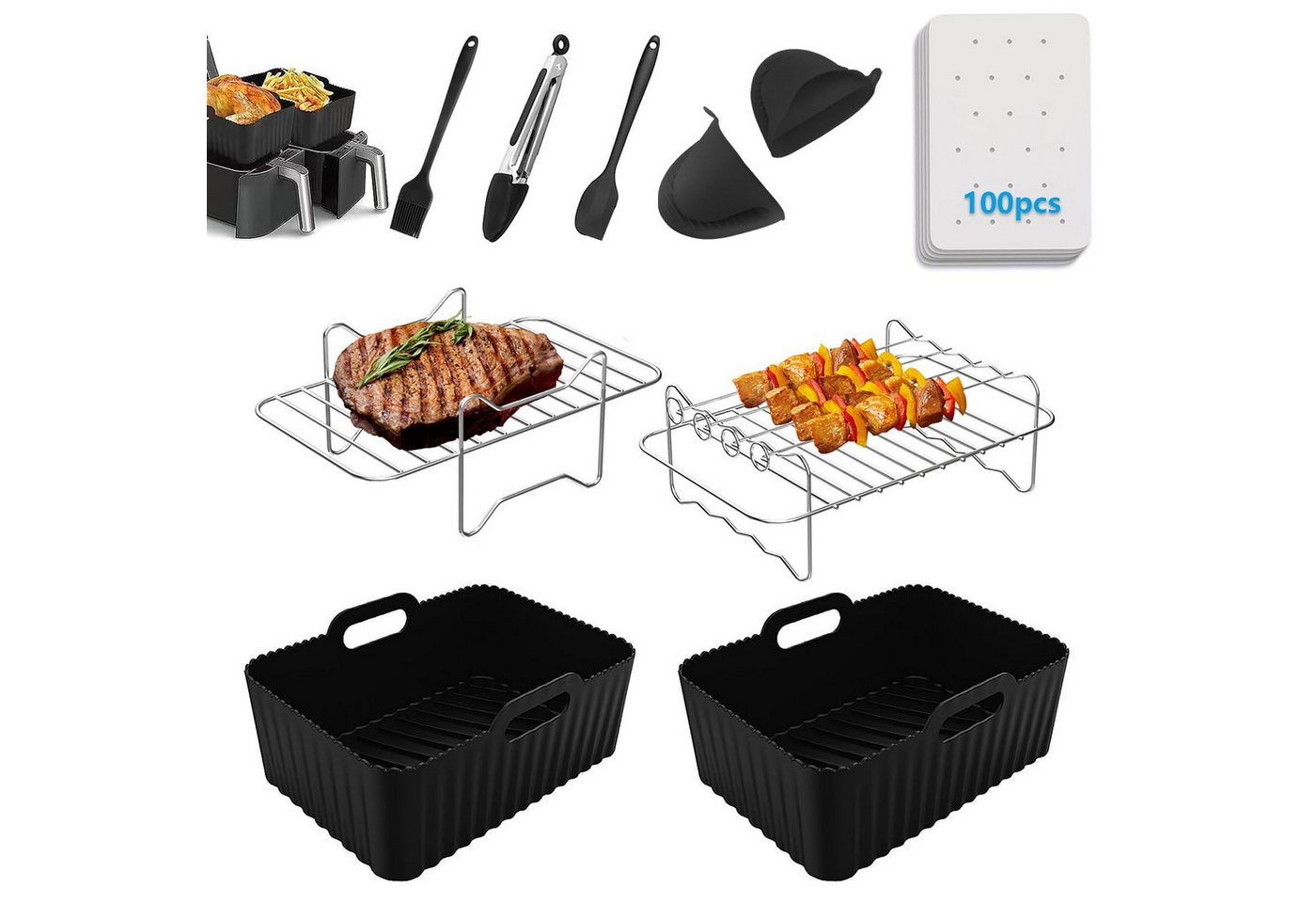 BlingBin Küchenmaschinen Zubehör-Set 9/10-teiliges Heißluftfritteusen -Zubehör für Ninja AF300EU, AF400EU, Zubehör für Ninja Foodi Air Fryers AF400EU, AF451EU, AF500EU, AF300 EU, AF451EU, Tower T17088 usw., mit Heißluftfritteusen-Einsatz, Luftfritteusen-Gestelle, Kuchenform von BlingBin