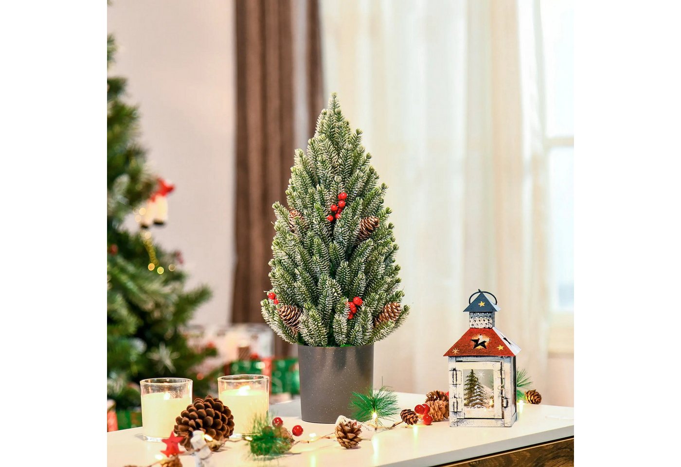 BlingBin Künstlicher Weihnachtsbaum Mini Weihnachtsbaum mit Tannenzapfen, 50 cm Tannenbaum, Weihnachten-Dekoration mit Roten Beeren und Übertop, Mehrfarbig von BlingBin
