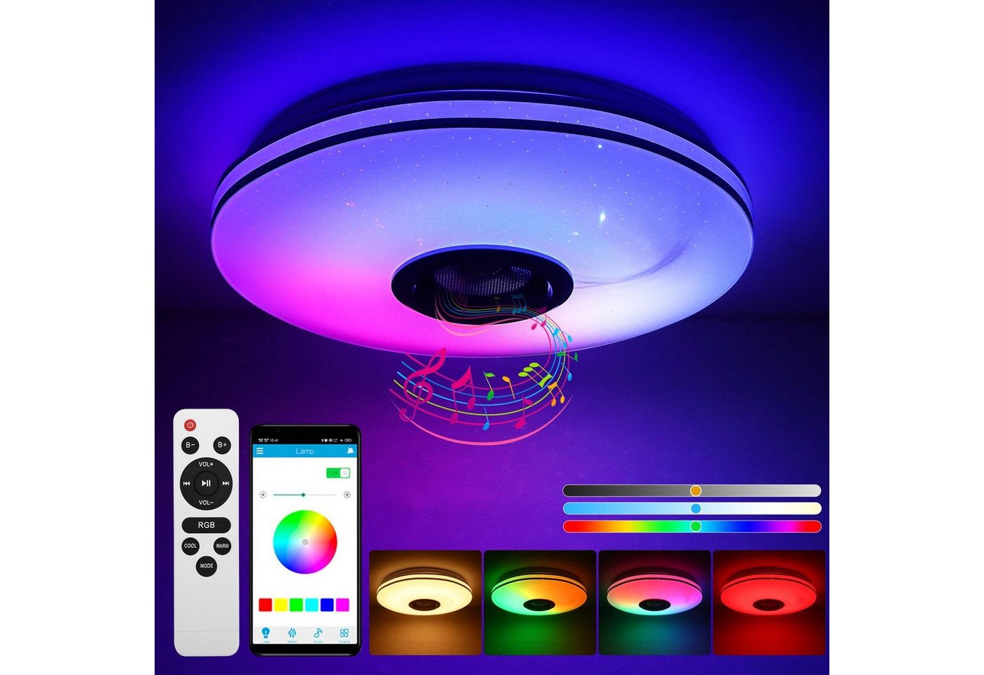 BlingBin LED Deckenleuchte 36W Musik-Deckenleuchte dimmbares Licht mit Bluetooth-Lautsprecher, App-Steuerung, LED fest integriert, Warmweiß, Tageslichtweiß, RGB, App Fernbedienung, LED Farbwechsel von BlingBin