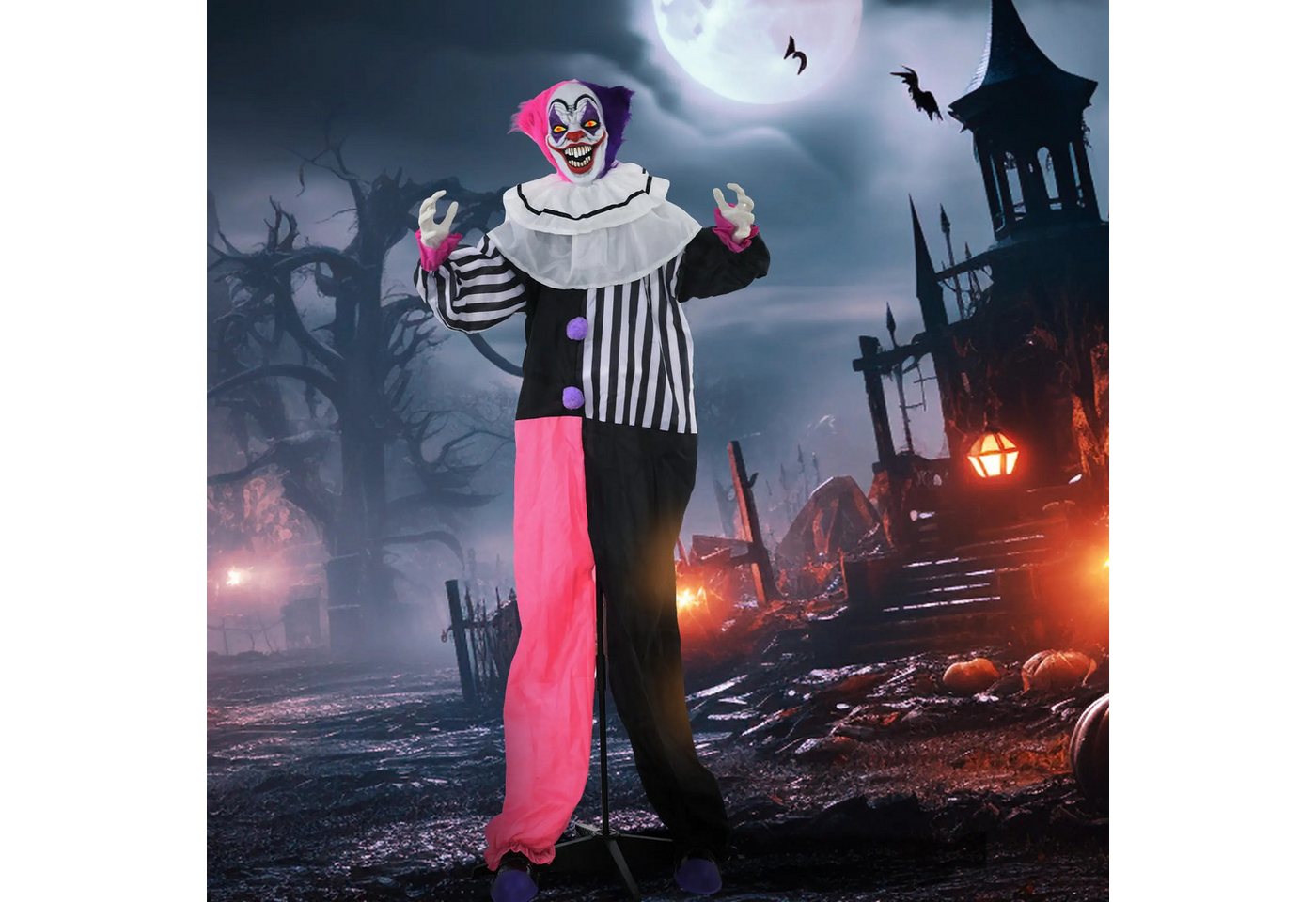 BlingBin LED-Dekofigur Halloween Garten Dekoration mit LED-Lichter und beweglicher Kopf (1er Set, 1 St., 60L x 18B x 173H cm), 173cm Grusel-Clown Garten Dekofigur in Lebensgröße für Party von BlingBin
