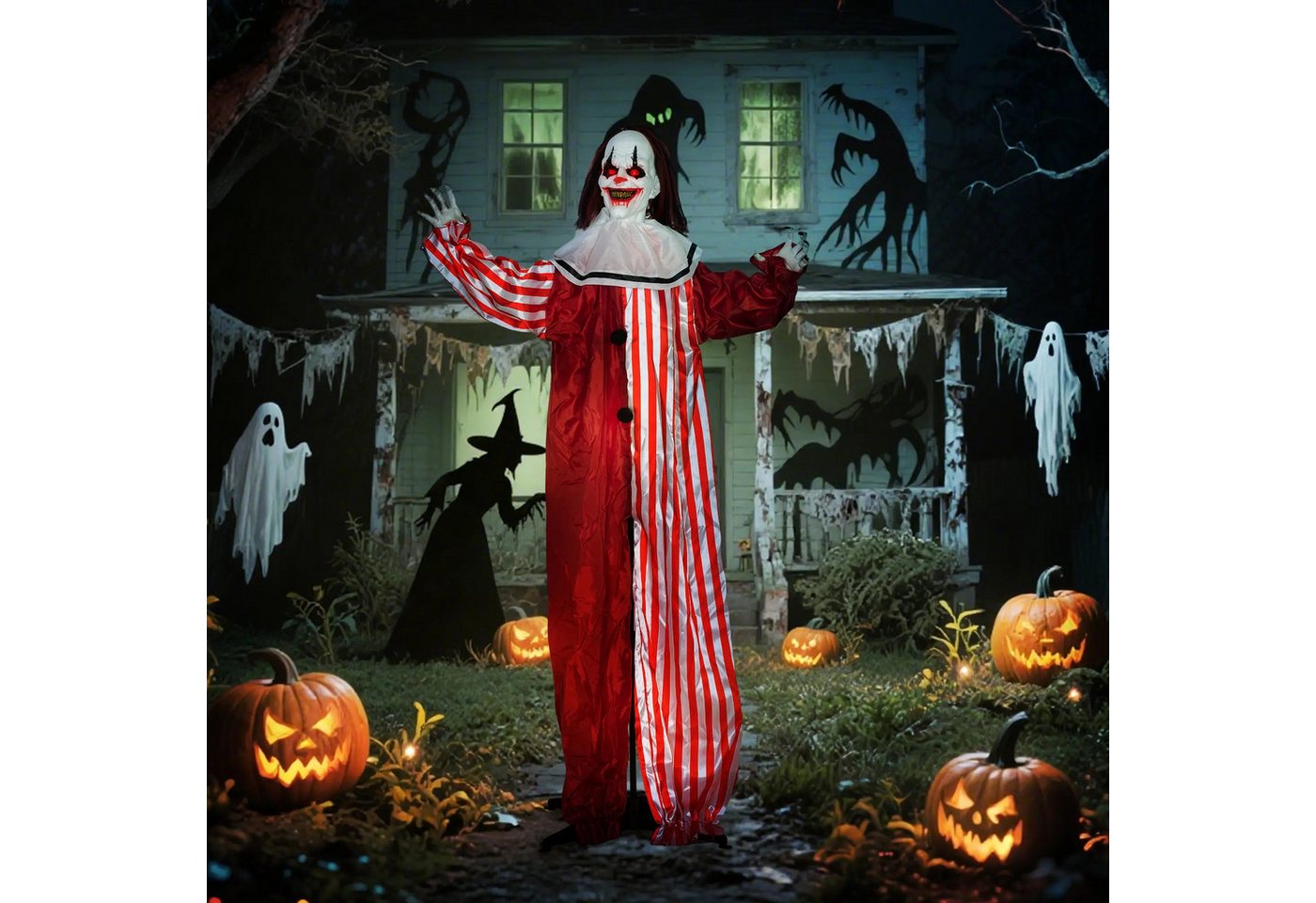 BlingBin LED-Dekofigur Halloween Garten Dekoration mit LED-Lichter und beweglicher Kopf (1er Set, 1 St., 70L x 16B x 165H cm), 165cm Clown Garten Dekofigur in Lebensgröße für Party von BlingBin