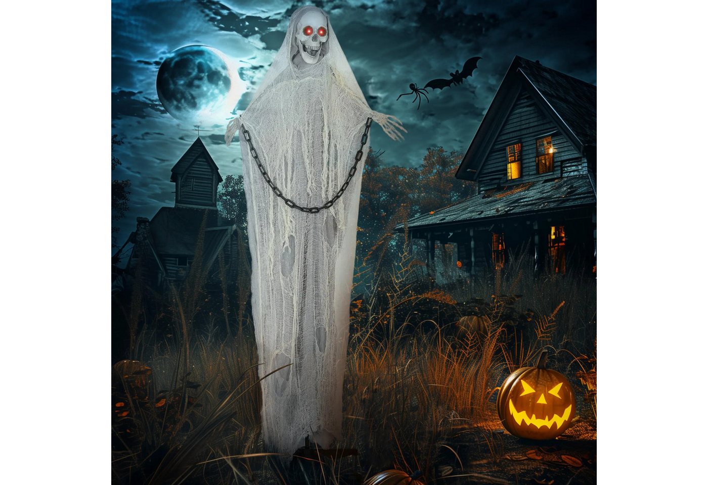 BlingBin LED-Dekofigur Halloween Garten Dekoration mit LED-Lichter und beweglicher Kopf (1er Set, 1 St., 70L x 16B x 183H cm), 183cm Sensenmann Garten Dekofigur in Lebensgröße für Party von BlingBin