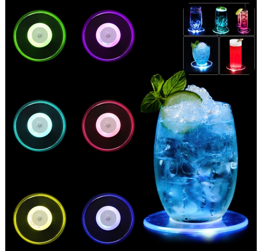 BlingBin LED Dekolicht 6 Stück LED-Untersetzer, Farbige LED-Untersetzer, Wasserdicht., Acryl Runder Leuchtmatte ON/Offt Taste Getranke Untersetzer, LED fest integriert LED, 7 Farben, Ø 10cm LED Untersetzer für Partys Hochzeiten Bar Weihnachten, 6 Stück von BlingBin