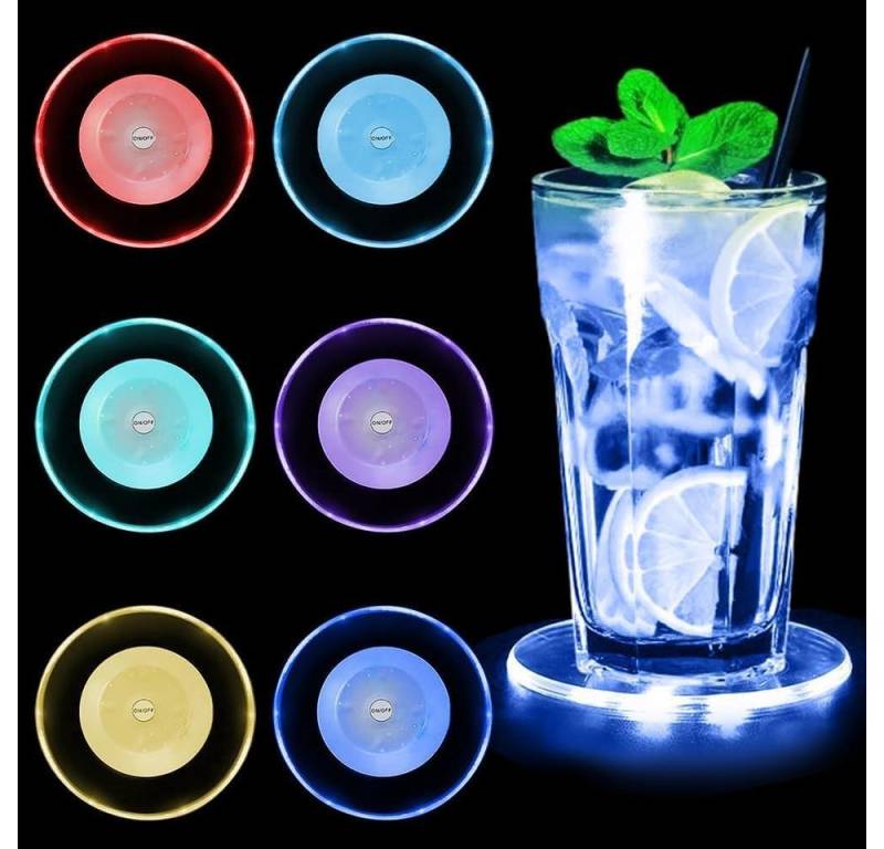 BlingBin LED Dekolicht 6er Bunt LED Untersetzer, leuchtende untersetzer, wasserdichtes Rund, eine attraktive Atmosphäre zu schaffen und Ihre Getränke stilvoll zu präsentieren., LED, Einstellbare Beleuchtung, für Gläser Flaschen Partys Hochzeiten Bar Weihnachten von BlingBin