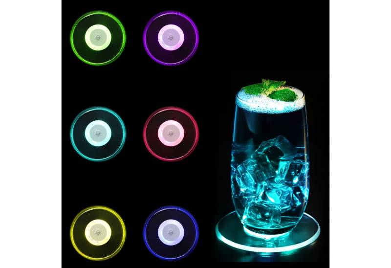 BlingBin LED Dekolicht 6er-Set bunte LED-Untersetzer, wasserdichte Leuchtuntersetzer, rund, Acryl Runder Leuchtmatte ON/Off Taste Getränke Untersetzer, LED fest integriert, 7 Farben, Leuchtuntersetzer aus Acryl, geeignet für Gläser, Partys und Bars von BlingBin