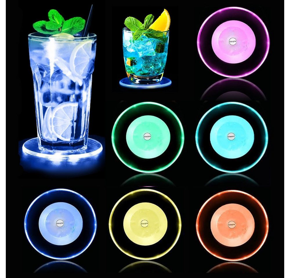 BlingBin LED Dekolicht Bunt LED Leuchtuntersetzer, Wasserdichter Untersetzer mit 7 Farben, Acryl Runder Leuchtmatte ON/Off Taste Getränke Untersetzer, LED fest integriert, 7 Farben, Ø 10cm LED Untersetzer für Partys Hochzeiten Bar Weihnachten, 6 Stück von BlingBin