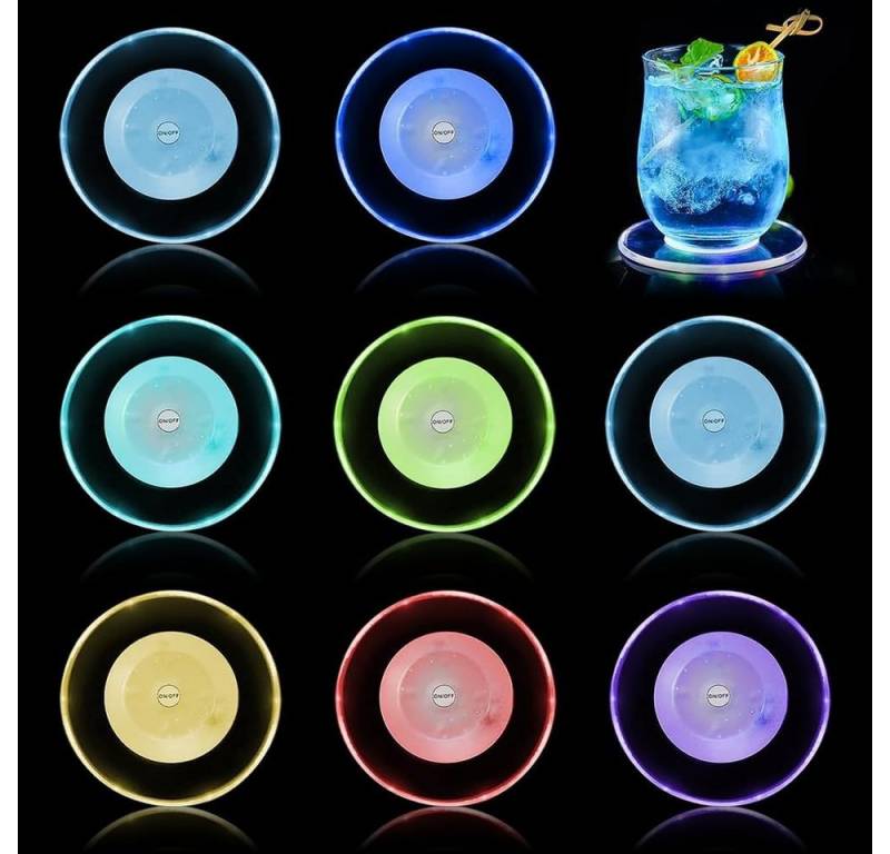 BlingBin LED Dekolicht Bunt LED Leuchtuntersetzer, Wasserdichter Untersetzer mit 7 Farben, Acryl Runder Leuchtmatte ON/Off Taste Getränke Untersetzer, LED fest integriert, 7 Farben, Ø 10cm LED Untersetzer für Partys Hochzeiten Bar Weihnachten, 8 Stück von BlingBin