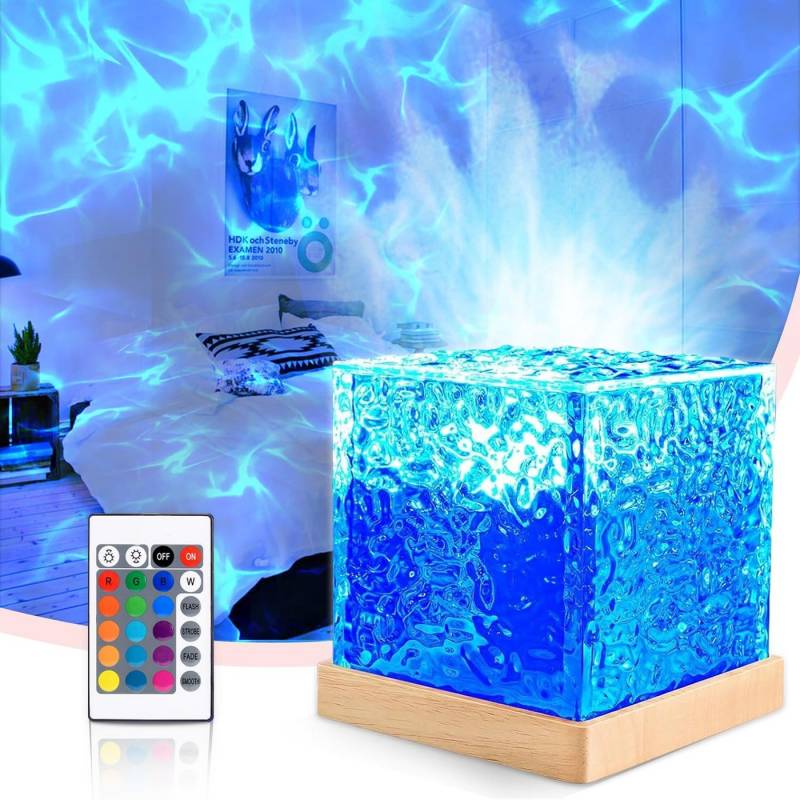 BlingBin LED Nachtlicht 16 Farben Wasserwellen Lampe Nachtlicht Cube mit Fernbedienung, USB-Stromversorgung, LED fest integriert, RGB, Sternenhimmel LED Projektor Nachtlicht, Kinder Zimmer Deko von BlingBin