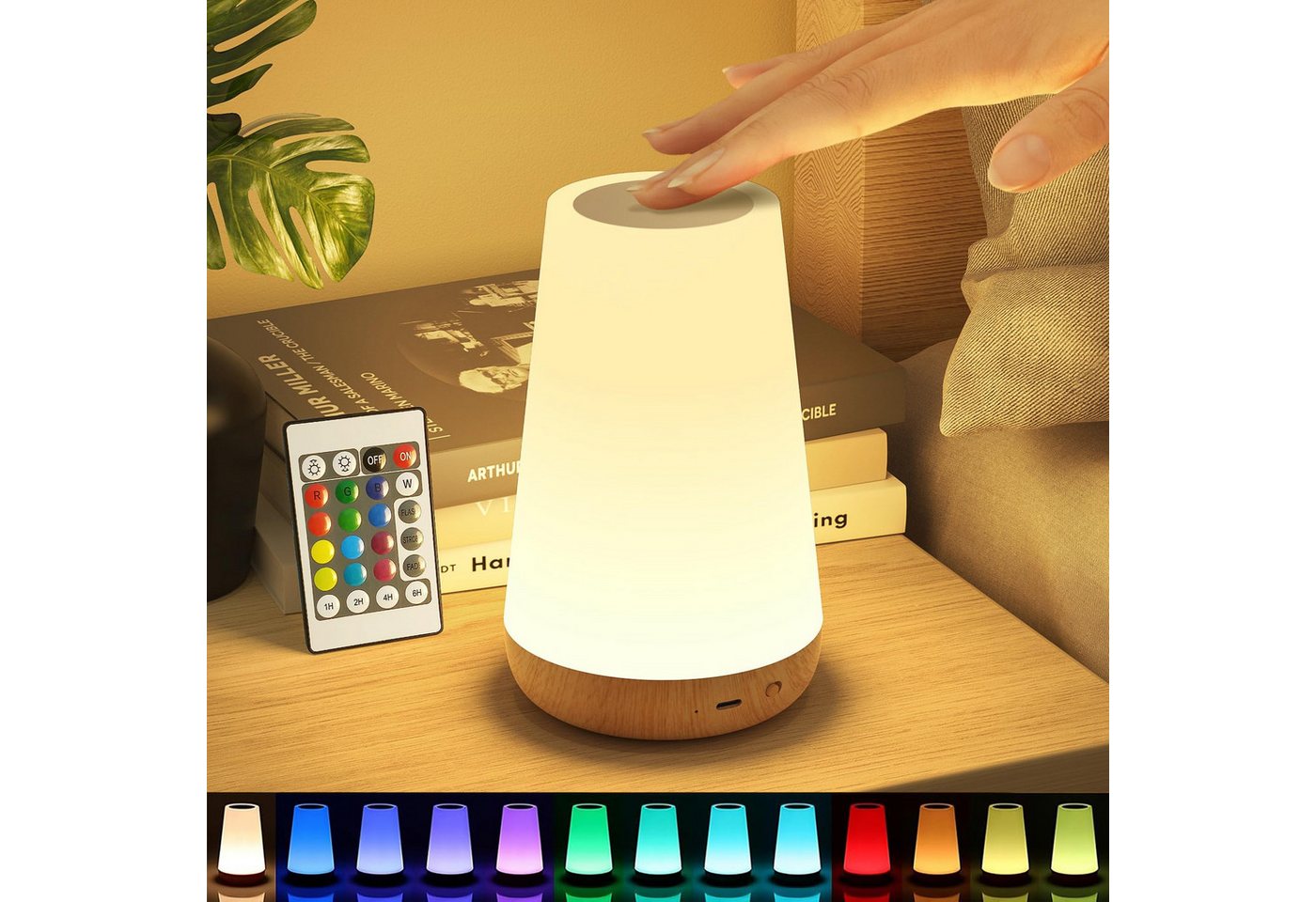BlingBin LED Nachtlicht Nachttischlampe Touch Dimmbar mit 13 Farben und 3 Modi, LED Tischlampe, Berührung, Timing Funktion, LED fest integriert, RGB, warmweiß, USB Aufladbar Nachtlampe mit Fernbedienung für Schlafzimmer Wohnzimmer von BlingBin