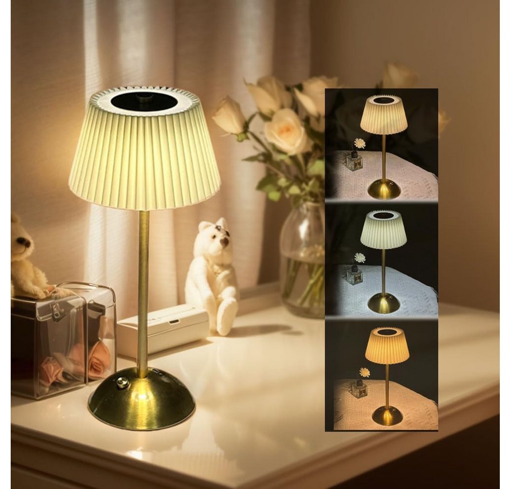 BlingBin LED Nachttischlampe LED Tischlampe Vintage Kabellos, Dimmbar Akku Tischleuchte, 3 Helligkeitsmodi, LED fest integriert, Warmweiß, Kaltweiß, Neutralweiß, Dekorative Nachttischlampe mit Plissierter Lampenschirm aus Stoff von BlingBin