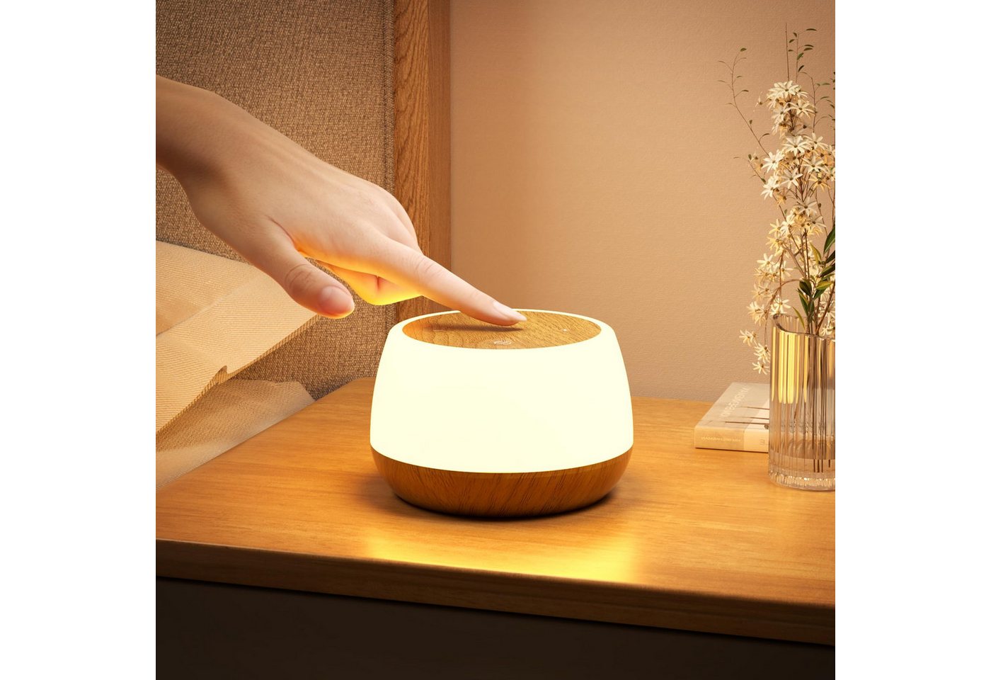 BlingBin LED Nachttischlampe Tischlampe Touch Dimmbar Nachtlicht mit Timerfunktion, 8-farbig dimmbare, LED fest integriert, warmes Weiß, RGB, Holzmaserung Stilllicht für Schlafzimmer Wohnzimmer von BlingBin