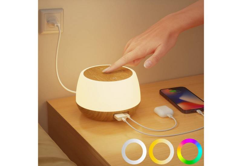 BlingBin LED Nachttischlampe Touch Dimmbar Tischlampe mit 8 Farben und 3 Modi LED-Nachtlicht 20W, 8-farbiges Licht, einstellbare Helligkeit, drei Arten von sieben Farbatmung und zeitgesteuertes Ausschalten des Lichts, LED fest integriert, warmes Weiß, Ladefunktion Holzmaserungslampe Nachttischlampe Tischlampe mit Timer von BlingBin