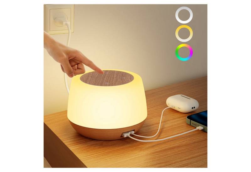 BlingBin LED Nachttischlampe Touch Dimmbar mit 2 USB Ladeanschluss, Einstellbare Helligkeit, 3 Modi, Holzmaserung LED Tischlampe mit 8 Farben & 3 Modi, 20W Ladefunktion, LED fest integriert, warmes Weiß, RGB, Nachtlicht Stilllicht mit Timer & Memory für Schlafzimmer Wohnzimmer von BlingBin