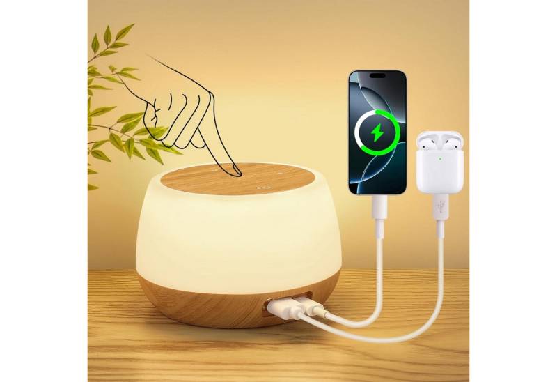 BlingBin LED Nachttischlampe Touch Dimmbar mit 20W Ladefunktion & 2 USB Ladeanschluss, Holzmaserung LED Tischlampe mit 8 Farben & 3 Modi, LED fest integriert, warmes Weiß, RGB, Nachtlicht Stilllicht mit Timer & Memory für Schlafzimmer Wohnzimmer von BlingBin