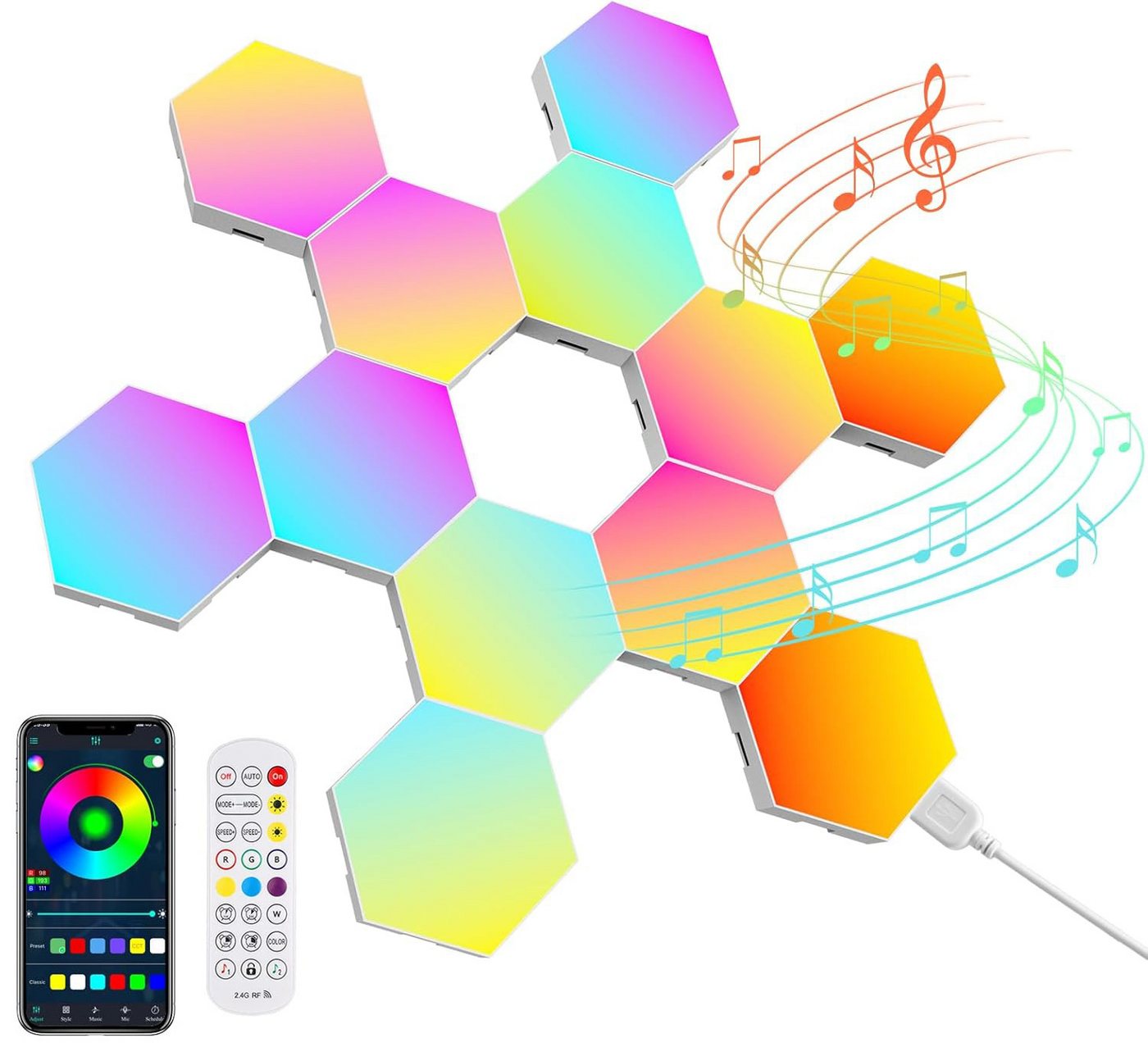 BlingBin LED Panel 12pcs Hexagon LED Platten, Smart Gaming Panel Sechseck Wandleuchte, mit Fernbedienung, LED fest integriert, RGB, Musik Sync App Steuerung, Hexa Wandbeleuchtung Smart Sechseckige BlingBin LED Panel 12pcs Hexagon LED Platten, Smart Gaming Panel Sechseck Wandleuchte, mit Fernbedienung, LED fest integriert, RGB, Musik Sync App Steuerung, Hexa Wandbeleuchtung Smart Sechseckige von BlingBin