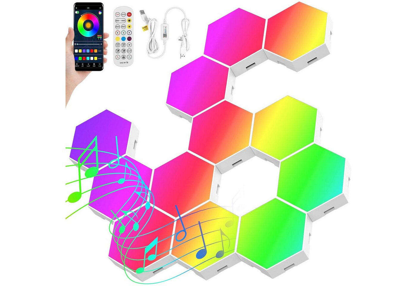 BlingBin LED Panel RGB LED Hexagon Wandleuchte mit Fernbedienung, App Steuerung, Musik Sync (Hinweis: Wird nicht mit Alexa und Google Assistant geliefert), LED fest integriert, RGB, DIY Geometrie LED Platten für Gaming Room Wohn-/Schlafzimmer von BlingBin