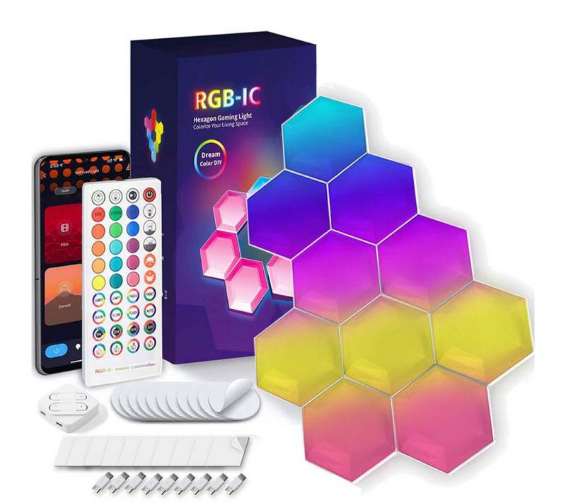 BlingBin LED Panel Sechseckiges LED Licht, RGB Gaming Lampe DIY Spleißen Wandleuchte, DIY Geometrie Spleißen Quantum Licht Hexagon, LED fest integriert, RGB, Smart Wand Licht DIY Kombinierbar LED Lichtleisten, mit Fernbedienung von BlingBin