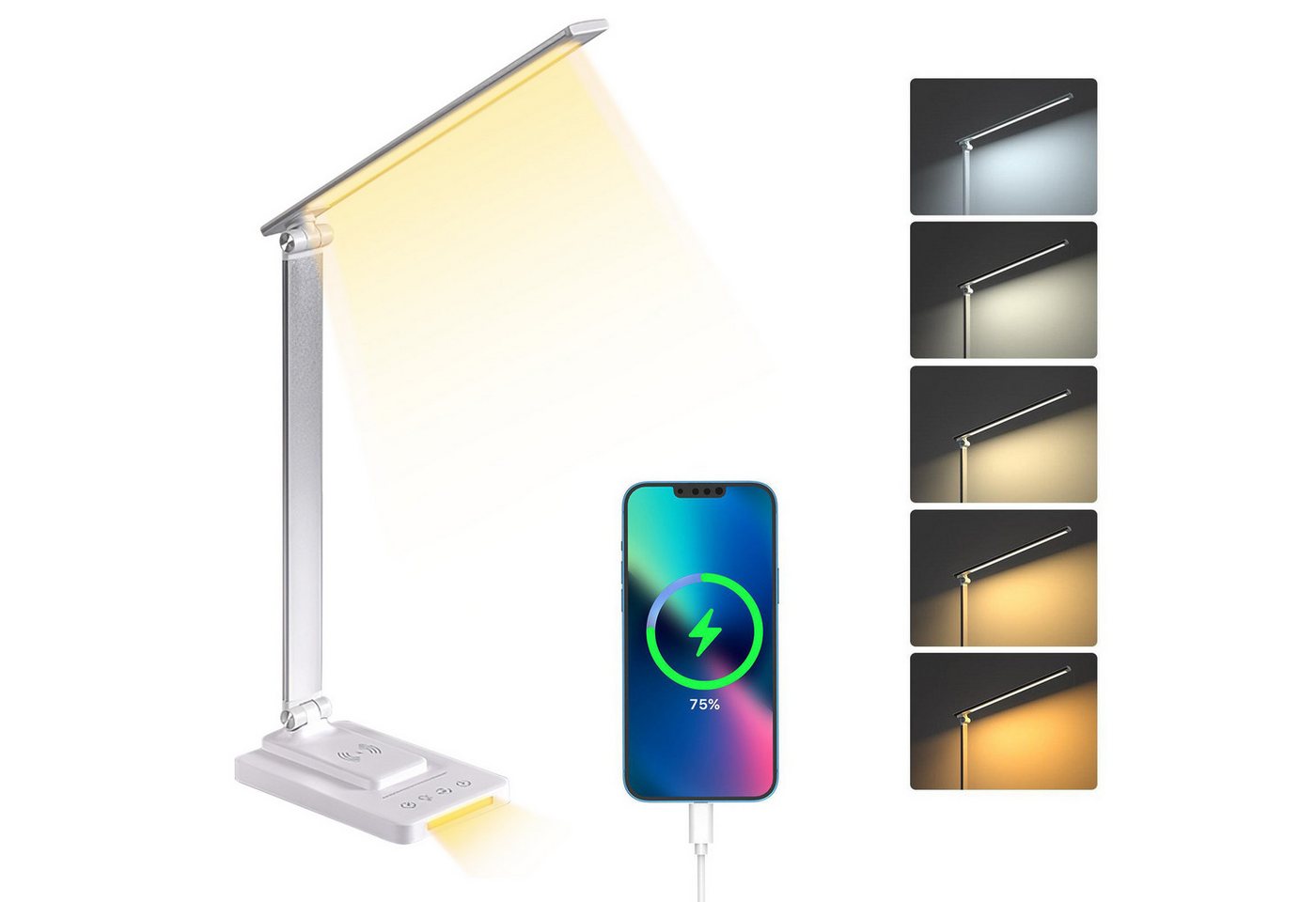 BlingBin LED Schreibtischlampe 10 W kabelloses Laden, USB-Laden, dimmbare LED-Schreibtischlampe, Timing-Funktion, LED fest integriert, Kaltweiß, Warmweiß, Neutrales Licht, Tischleuchte Augenschutz, weiß von BlingBin