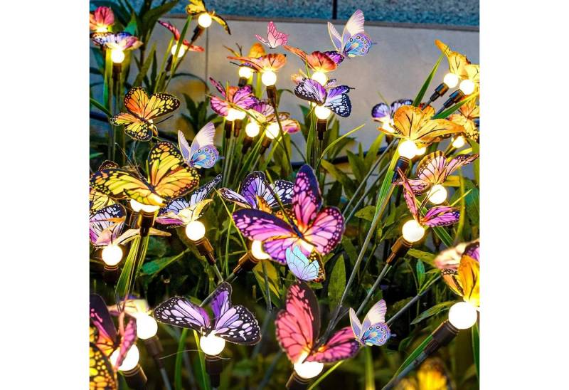 BlingBin LED Solarleuchte 2 Stück LED Schmetterling Glühwürmchen Solarlampen für Außen Garten, 2 Stück 12 LED Solar-Gartenleuchten für Hof, Terrasse,Gehweg-Dekoration, LED fest integriert, Warmes Licht, Firefly Solar-gartenlichter,IP65 Wasserdicht Swinging Solarleuchten von BlingBin