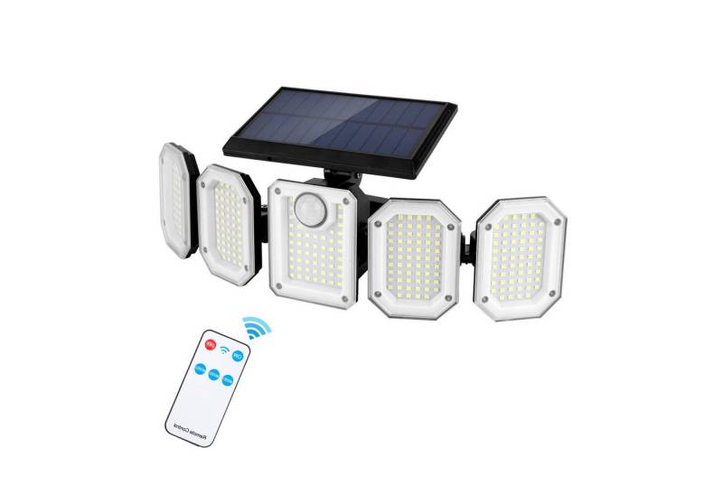 BlingBin LED Solarleuchte 300-LED-Fünf-Kopf-Solar-Außenwandleuchte mit Sensor und Drehfunktion, Regenfeste Beleuchtung, LED fest integriert, Tageslichtweiß, 7000K Solarlicht mit 3 Modi und Fernbedienung, IP65 wasserdicht von BlingBin