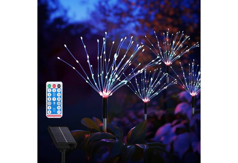 BlingBin LED Solarleuchte 4 Stück 120 LED Solarleuchten Feuerwerk 8 Modi, dimmbar, LED fest integriert, RGB, 1200 mAh Timer und Helligkeitsregelung IP65 Feuerwerkslicht von BlingBin