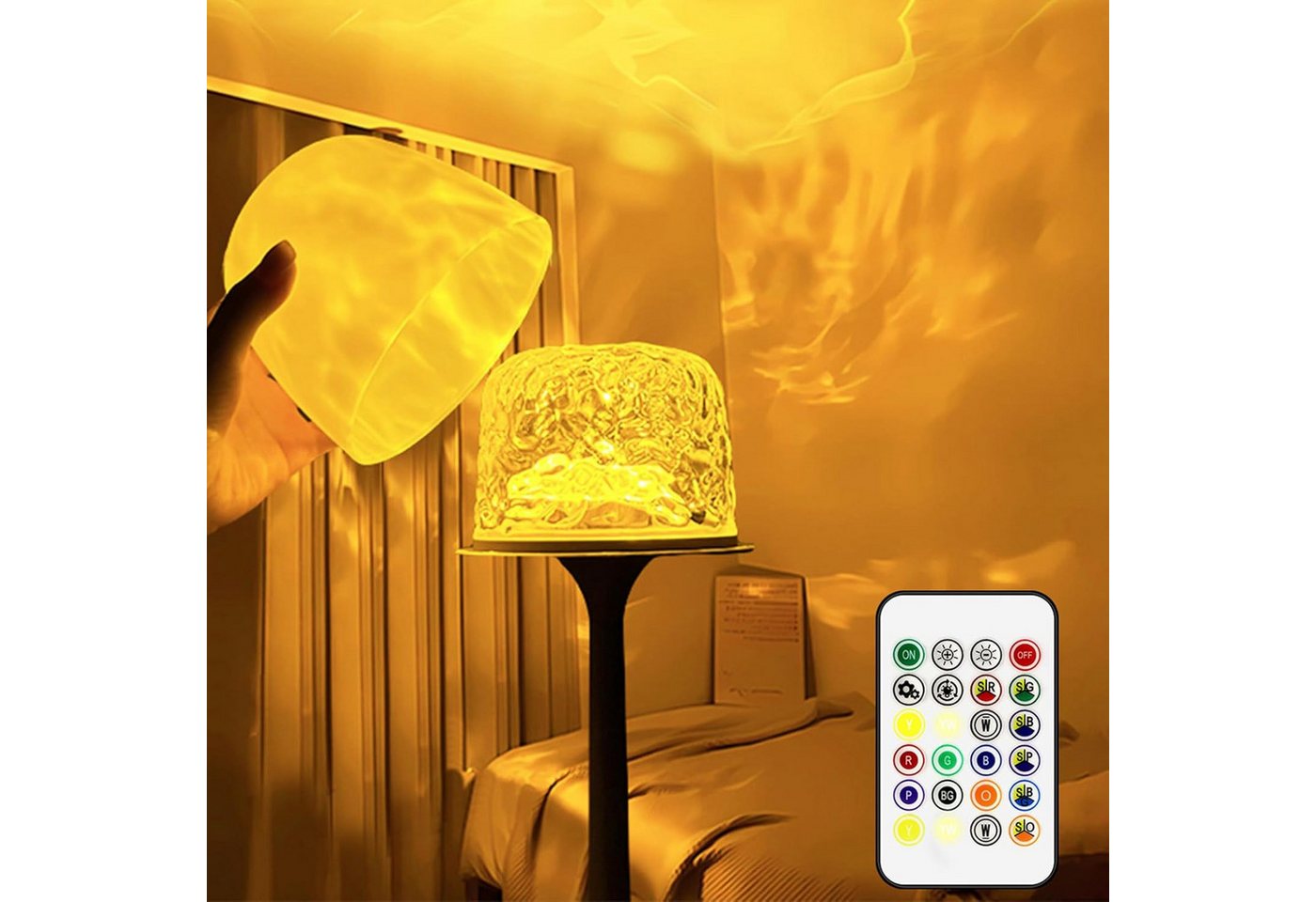 BlingBin LED Tischleuchte 2-in-1-Ozeanlampe Wasserwellenlampe, 16 Farben Rotierendes Nachtlicht, Dimmbar mit Lampenschirm, LED fest integriert, RGB, Dimmbarer Sternenhimmelprojektor mit Lampenschirm-Fernbedienung von BlingBin