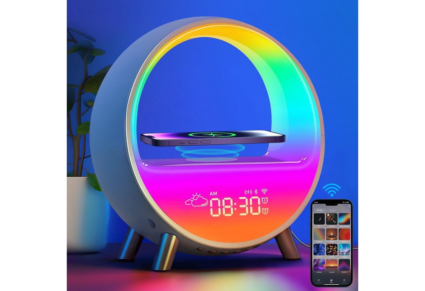 BlingBin LED Tischleuchte Mehrfarbige LED-Tischlampe Multifunktions Schreibtischlampe, Farbwechsel, LED fest integriert, RGB, APP-Steuerung, Wetteranzeige, mit USB, Bluetooth-Lautsprecher von BlingBin