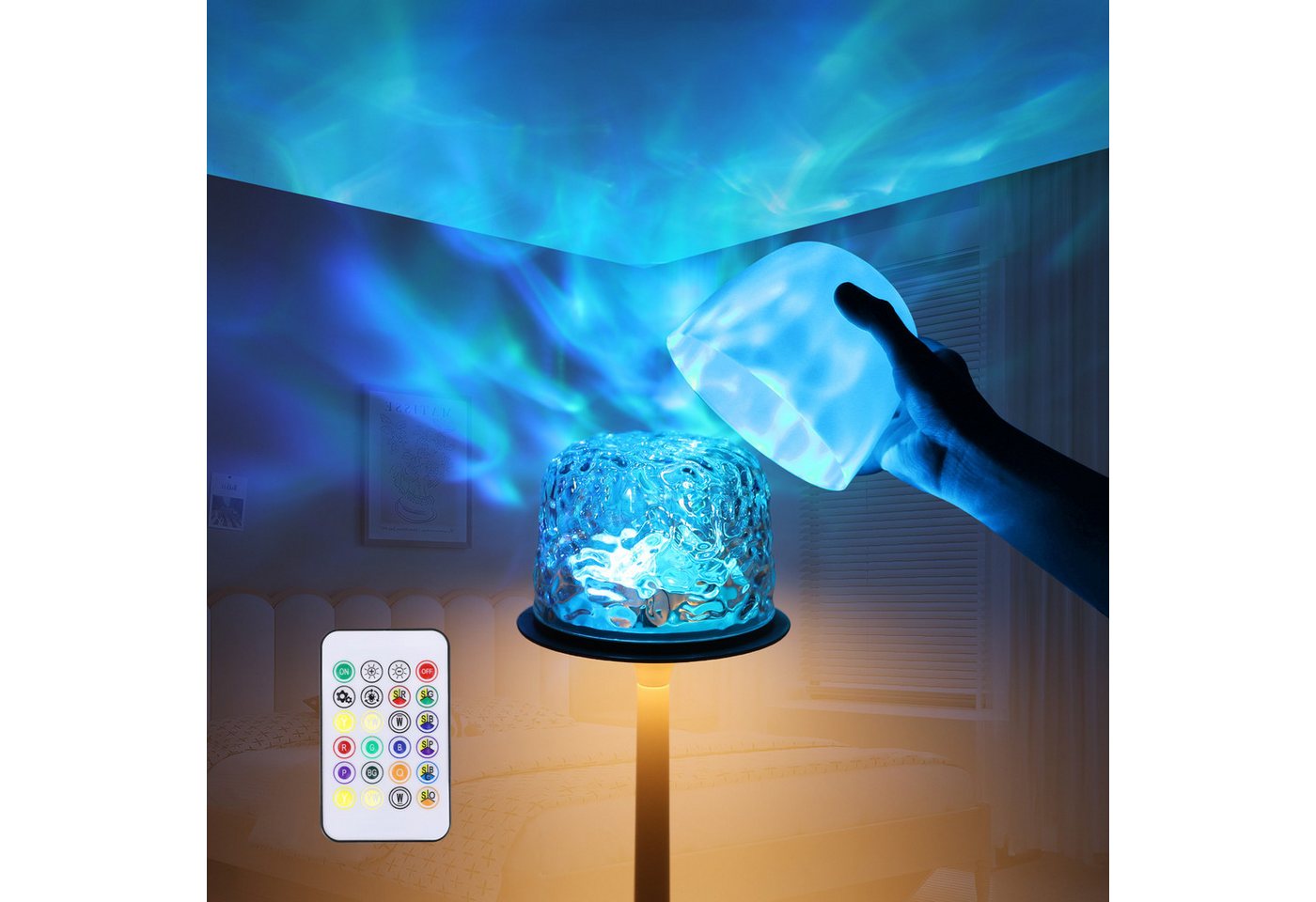 BlingBin LED Tischleuchte Ocean Lamp Wasserwellenlampe, 16 Farben Drehbare Nachtlicht, dimmbar, LED fest integriert, 16 Farben RGB, Dimmbar Sternenhimmel Projektor mit Lampenschirm Fernbedienung von BlingBin